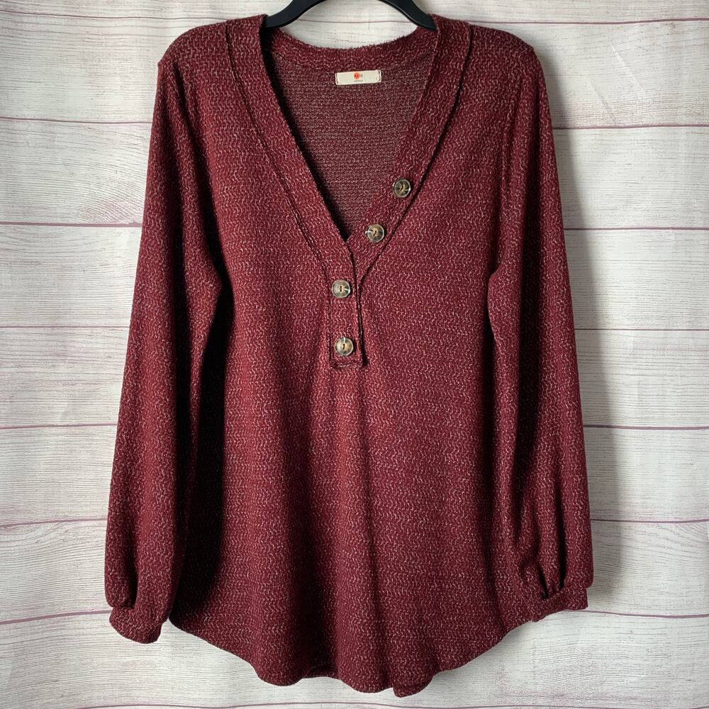 AXIS Burgundy Knit Sweater Shirt V-Neck Button Detail Long Sleeve Size L
